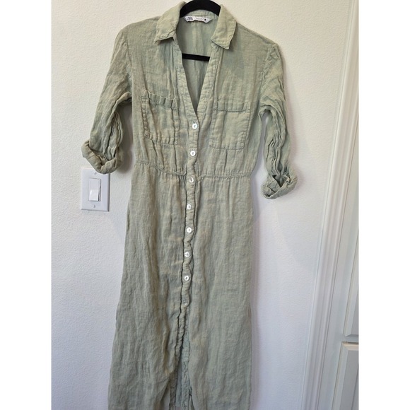 Zara Linen Crinkle Shirt Dress Sz S Light Green Quiet Luxury EuropeanTravel Chic - Picture 2 of 8